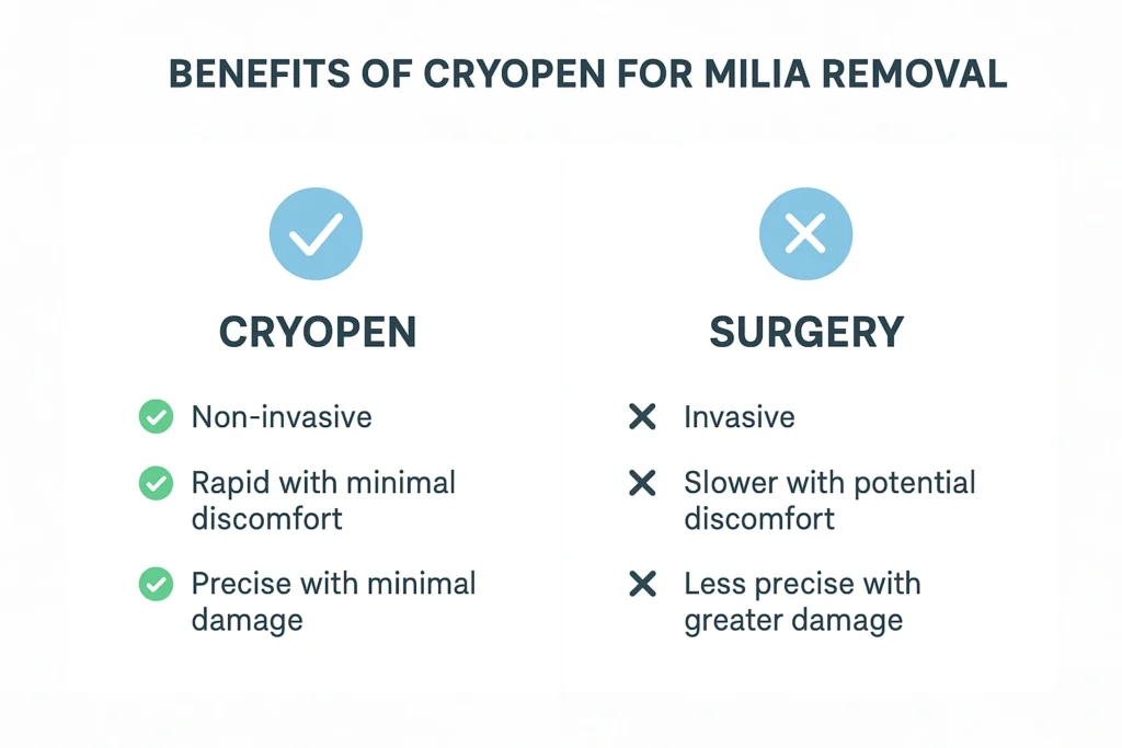 Benefits of cryopen for milia removal Spalding compared to surgical treatments.
