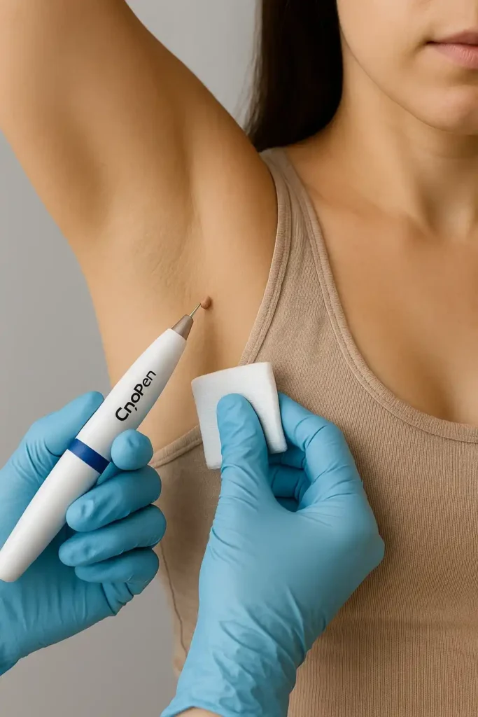 woman having cryopen to remove underarm skin tags Spalding