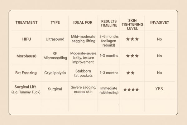 Table showing the comparisons of Skin tightening Spalding treatment options.